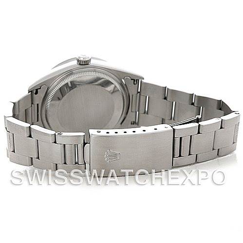 The image shows the Rolex Air-King 14010 Men's Stainless Steel Black Dial 14010 Men's Stainless Steel Black Dial watch from the back, highlighting the closed stainless steel bracelet and clasp.