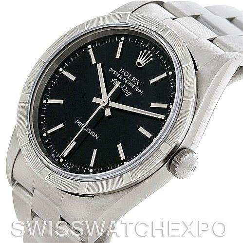 The image shows a Rolex Air-King 14010 Men's Stainless Steel Black Dial 14010 Men's Stainless Steel Black Dial watch with a black dial, stainless steel case and bracelet, photographed from a three-quarter angle.