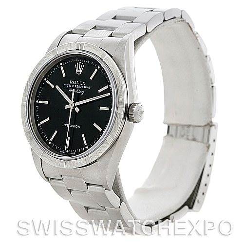 The image shows a Rolex Air-King 14010 Men's Stainless Steel Black Dial 14010 Men's Stainless Steel Black Dial watch from a front-left angle, highlighting its black dial, casing, and metal bracelet.