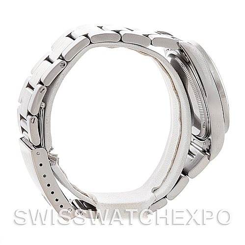 This image shows a side profile view of the Rolex Air-King 14010 Men's Stainless Steel Black Dial 14010 Men's Stainless Steel Black Dial watch, highlighting its metal bracelet and case.