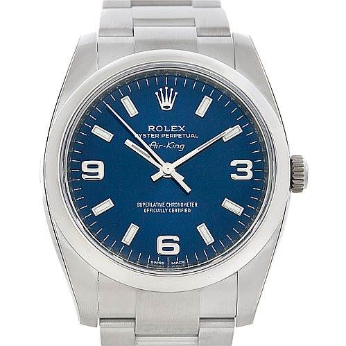 The image shows a front view of a Rolex Air-King 114200 Men's Stainless Steel Blue Dial 114200 Men's Stainless Steel Blue Dial watch, highlighting its face, bezel, crown, and part of the bracelet.