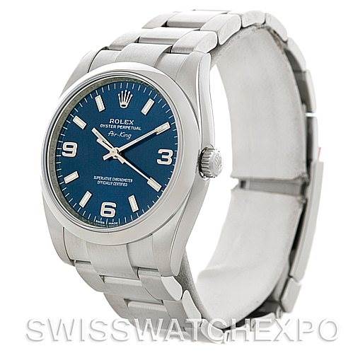 The image shows the Rolex Air-King 114200 Men's Stainless Steel Blue Dial 114200 Men's Stainless Steel Blue Dial watch from a tilted front angle, displaying its face, bezel, and part of the bracelet.