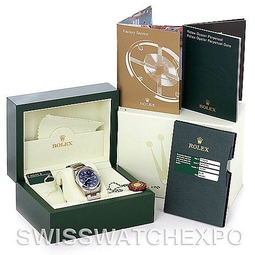 The image shows a Rolex Air-King 114200 Men's Stainless Steel Blue Dial 114200 Men's Stainless Steel Blue Dial watch with its box, tag, and documentation from a top-front angle.