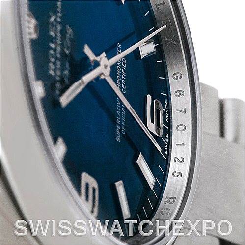 The image shows a close-up, angled view of the dial, hands, and part of the bezel of the Rolex Air-King 114200 Men's Stainless Steel Blue Dial 114200 Men's Stainless Steel Blue Dial watch.