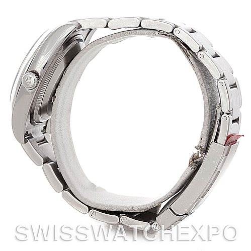 This image shows a side view of the Rolex Air-King 114200 Men's Stainless Steel Blue Dial 114200 Men's Stainless Steel Blue Dial watch, highlighting the bracelet, clasp, and case.