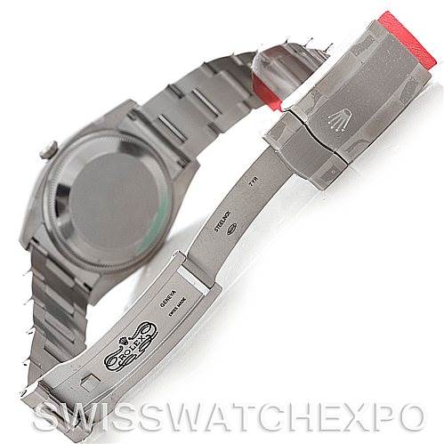 The image shows the back case and opened clasp of a Rolex Air-King 114200 Men's Stainless Steel Blue Dial 114200 Men's Stainless Steel Blue Dial watch, highlighting the bracelet and clasp mechanisms.