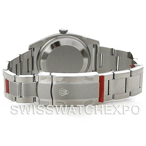 The image shows the back view of a Rolex Air-King 114200 Men's Stainless Steel Blue Dial 114200 Men's Stainless Steel Blue Dial watch, featuring the back case, bracelet, and clasp with the Rolex logo.