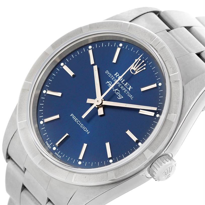 The image shows a Rolex Air-King 14010 Men's Stainless Steel Blue Dial 14010 Men's Stainless Steel Blue Dial watch from an angled side view, highlighting the dial, bezel, crown, and part of the bracelet.