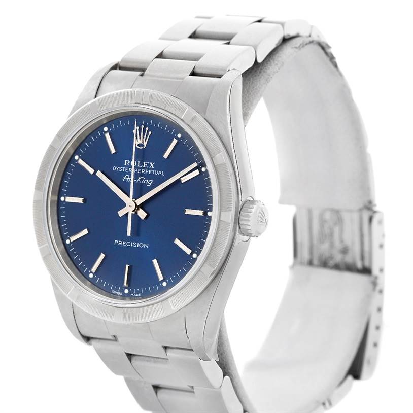 The Rolex Air-King 14010 Men's Stainless Steel Blue Dial 14010 Men's Stainless Steel Blue Dial watch is shown at a slightly tilted angle, displaying its blue dial, bezel, and partial stainless steel bracelet.