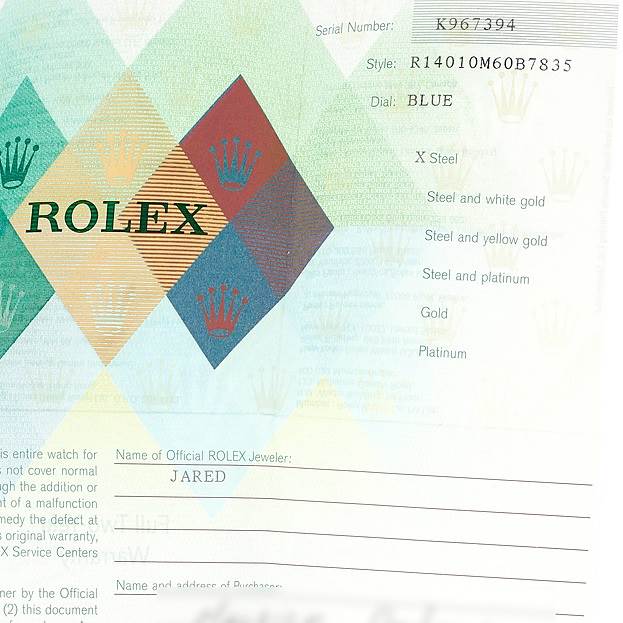 This image shows the certification card for the Rolex Air-King 14010 Men's Stainless Steel Blue Dial 14010 Men's Stainless Steel Blue Dial watch.