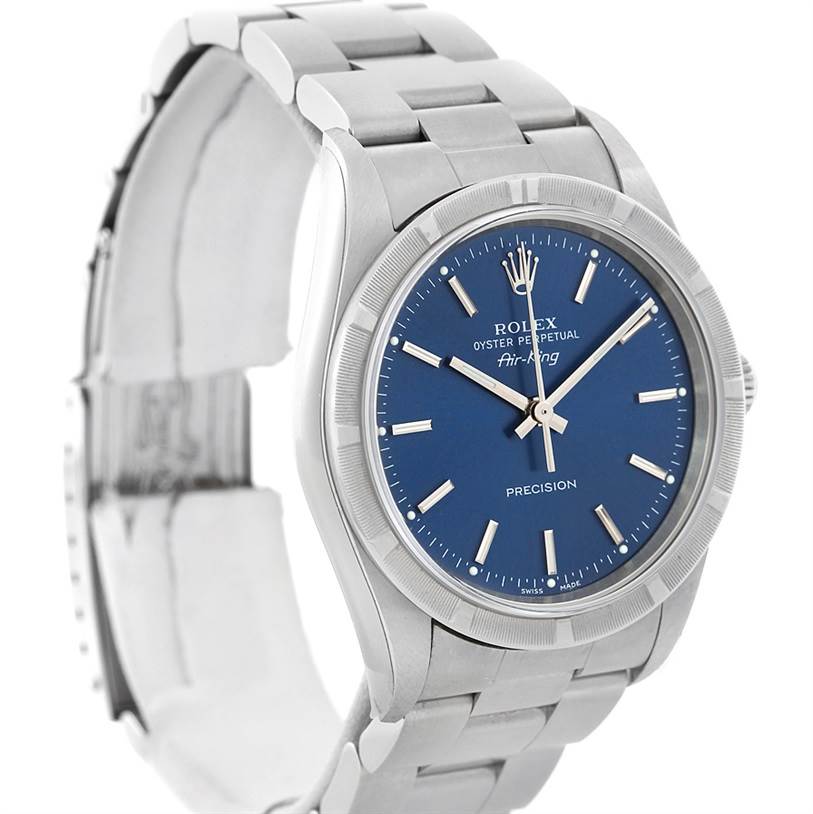 The Rolex Air-King 14010 Men's Stainless Steel Blue Dial 14010 Men's Stainless Steel Blue Dial watch is shown from a three-quarter angle, displaying the bracelet, case, and blue dial.