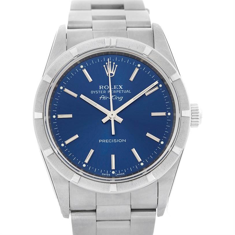 The image shows a frontal view of a Rolex Air-King 14010 Men's Stainless Steel Blue Dial 14010 Men's Stainless Steel Blue Dial watch, highlighting the dial, bezel, and bracelet.