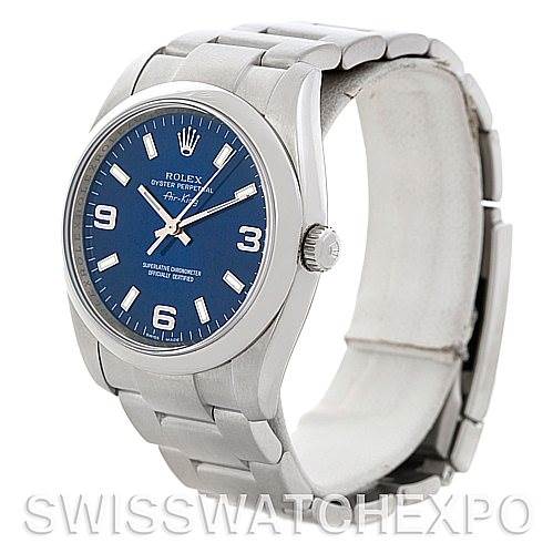 The image shows a Rolex Air-King 114200 Men's Stainless Steel Blue Dial 114200 Men's Stainless Steel Blue Dial watch at a slight angle, highlighting the face, bezel, crown, and bracelet.