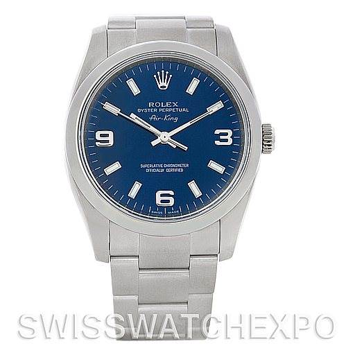 The Rolex Air-King 114200 Men's Stainless Steel Blue Dial 114200 Men's Stainless Steel Blue Dial watch is shown from a front angle, displaying the face, bezel, and bracelet.