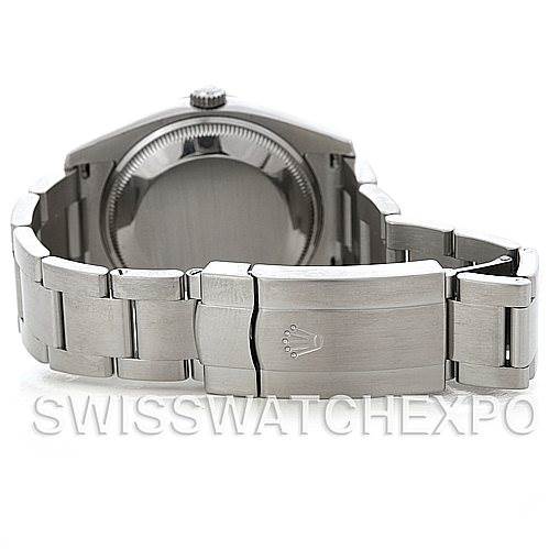 The image shows the back view of a Rolex Air-King 114200 Men's Stainless Steel Blue Dial 114200 Men's Stainless Steel Blue Dial watch, highlighting the bracelet and clasp.