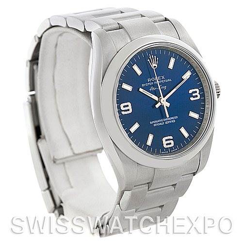 The image shows a Rolex Air-King 114200 Men's Stainless Steel Blue Dial 114200 Men's Stainless Steel Blue Dial watch from a front angle, displaying its blue dial, hour markers, hands, and stainless steel bracelet.