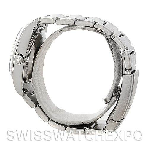 The image shows a side view of the Rolex Air-King 114200 Men's Stainless Steel Blue Dial 114200 Men's Stainless Steel Blue Dial watch, highlighting the bracelet and crown.