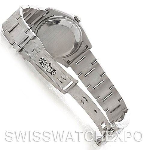 The image shows the back view and open clasp of the Rolex Air-King 114200 Men's Stainless Steel Blue Dial 114200 Men's Stainless Steel Blue Dial watch, displaying its stainless steel bracelet.