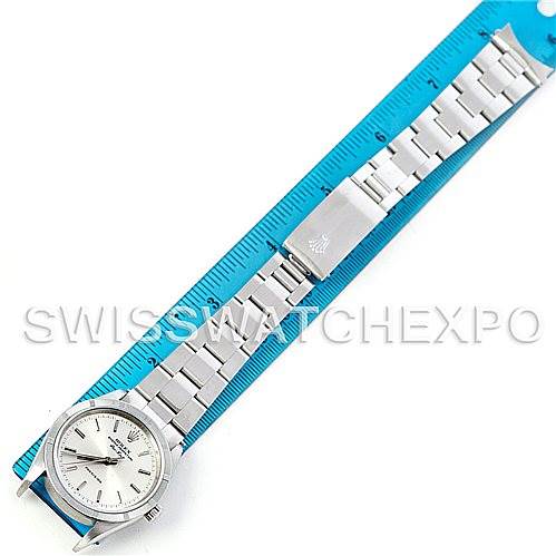 The image displays a Rolex Air-King 14010 Men's Stainless Steel Silver Dial 14010 Men's Stainless Steel Silver Dial watch, showing its face, bracelet, and clasp, laid flat alongside a ruler for scale.