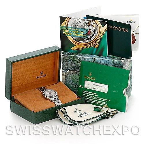 The image shows a Rolex Air-King 14010 Men's Stainless Steel Silver Dial 14010 Men's Stainless Steel Silver Dial watch alongside its box, protective cloth, manuals, and warranty card, all displayed at an angle.