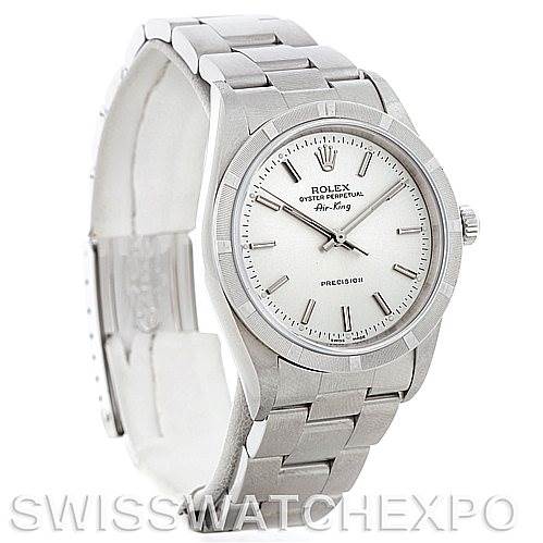 The image shows a Rolex Air-King 14010 Men's Stainless Steel Silver Dial 14010 Men's Stainless Steel Silver Dial watch angled to display the dial, bezel, and part of the bracelet.