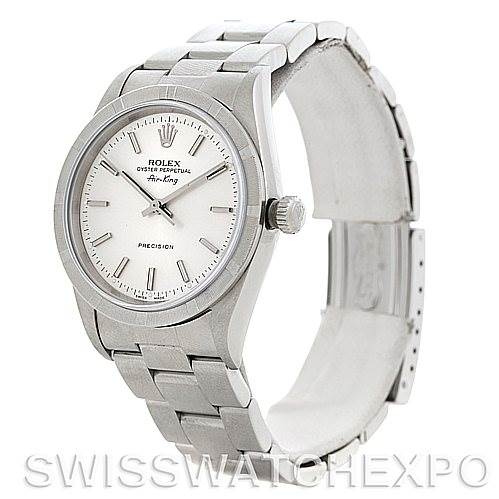 The image shows a Rolex Air-King 14010 Men's Stainless Steel Silver Dial 14010 Men's Stainless Steel Silver Dial watch angled towards the right, displaying the face, crown, and part of the band.