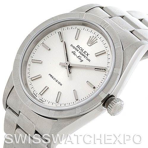 The image shows a frontal angle of the Rolex Air-King 14010 Men's Stainless Steel Silver Dial 14010 Men's Stainless Steel Silver Dial watch, highlighting its face, bezel, crown, and part of the bracelet.