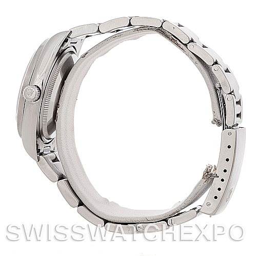 This image shows a Rolex Air-King 14010 Men's Stainless Steel Silver Dial 14010 Men's Stainless Steel Silver Dial watch displayed from a side angle, highlighting its stainless steel case, crown, and bracelet.