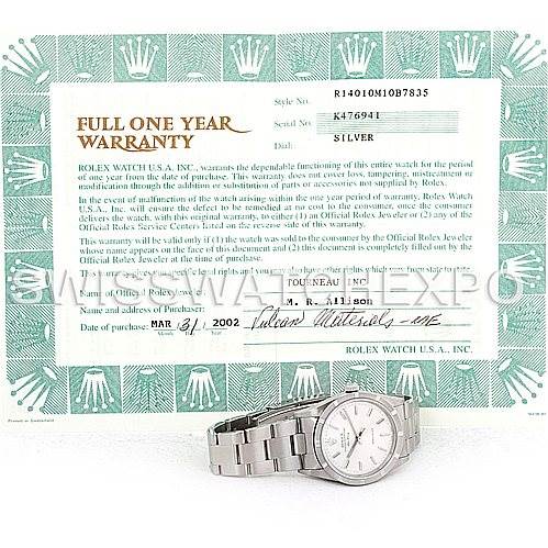 The image shows a Rolex Air-King 14010 Men's Stainless Steel Silver Dial 14010 Men's Stainless Steel Silver Dial watch placed on its side with a full one-year warranty certificate in the background.