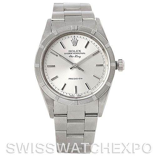 The image shows a front view of a Rolex Air-King 14010 Men's Stainless Steel Silver Dial 14010 Men's Stainless Steel Silver Dial watch, displaying its silver dial, hour markers, and stainless steel bracelet.