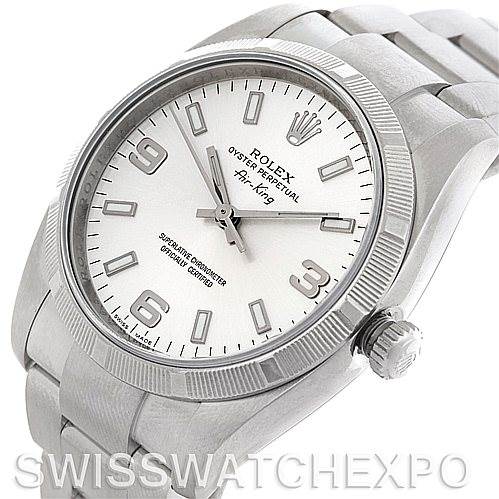 The image shows a close-up, angled view of the dial, bezel, crown, and bracelet of the Rolex Air-King 114210 Men's Stainless Steel Silver Dial 114210 Men's Stainless Steel Silver Dial watch.