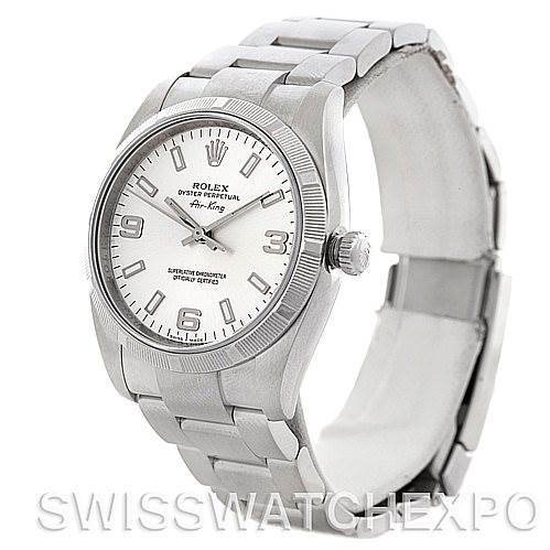 The image shows a Rolex Air-King 114210 Men's Stainless Steel Silver Dial 114210 Men's Stainless Steel Silver Dial watch from an angled side view, displaying the dial, bracelet, and crown.