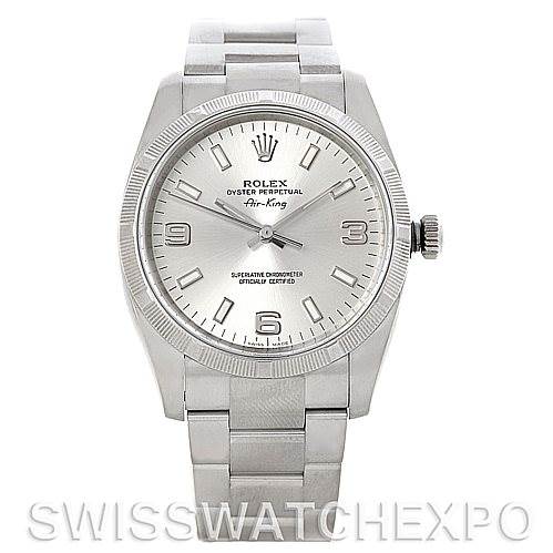 This image shows the front view of a Rolex Air-King 114210 Men's Stainless Steel Silver Dial 114210 Men's Stainless Steel Silver Dial watch, displaying the dial, bezel, crown, and bracelet.
