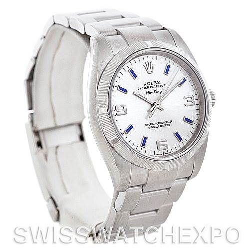 This image shows a front-left angled view of the Rolex Air-King 114210 Men's Stainless Steel Silver Dial 114210 Men's Stainless Steel Silver Dial watch, highlighting its face, bracelet, and clasp.