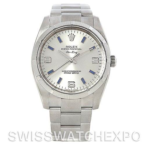 The image shows a front view of the Rolex Air-King 114210 Men's Stainless Steel Silver Dial 114210 Men's Stainless Steel Silver Dial watch, displaying the face, bezel, and band with 'SWISSWATCHEXPO' at the bottom.