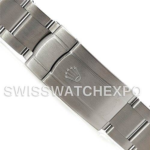 The image shows a close-up of the clasp and bracelet of a Rolex Air-King 114210 Men's Stainless Steel Silver Dial 114210 Men's Stainless Steel Silver Dial watch.