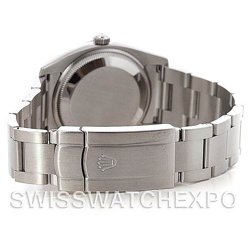 The image shows the back and clasp of a Rolex Air-King 114210 Men's Stainless Steel Silver Dial 114210 Men's Stainless Steel Silver Dial watch, displayed with the bracelet extended and the clasp in focus.