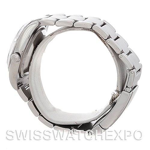 This image shows a side view of the Rolex Air-King 114210 Men's Stainless Steel Silver Dial 114210 Men's Stainless Steel Silver Dial watch, focusing on the band and case.