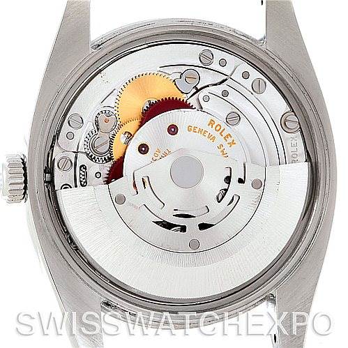 This image shows the back view of a Rolex Air-King 114210 Men's Stainless Steel Silver Dial 114210 Men's Stainless Steel Silver Dial watch, revealing its internal mechanism and movement.