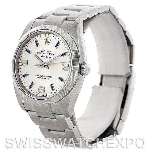 The image shows a side angle of the Rolex Air-King 114210 Men's Stainless Steel Silver Dial 114210 Men's Stainless Steel Silver Dial watch, displaying the bracelet, crown, and dial with markers clearly visible.