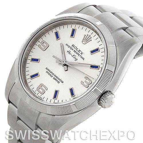 The image shows a Rolex Air-King 114210 Men's Stainless Steel Silver Dial 114210 Men's Stainless Steel Silver Dial watch at a slight angle, displaying its face, crown, and part of the metal bracelet.