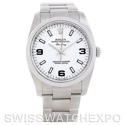 The image shows a front view of the Rolex Air-King 114200 Men's Stainless Steel White Dial 114200 Men's Stainless Steel White Dial watch featuring a white dial and stainless steel bracelet.