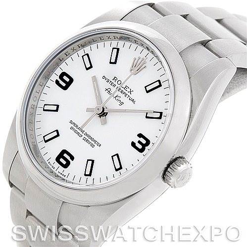 This image shows a Rolex Air-King 114200 Men's Stainless Steel White Dial 114200 Men's Stainless Steel White Dial watch from an oblique angle, highlighting the face, bezel, crown, and part of the bracelet.