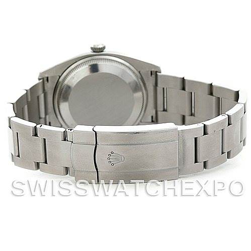 This image shows the back case and bracelet of a Rolex Air-King 114200 Men's Stainless Steel White Dial 114200 Men's Stainless Steel White Dial watch, highlighting its clasp and links.