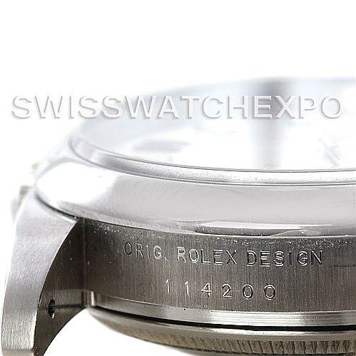 The image shows a close-up side view of the Rolex Air-King 114200 Men's Stainless Steel White Dial 114200 Men's Stainless Steel White Dial watch, highlighting the case and the "ORIG. ROLEX DESIGN 114200" engraving.