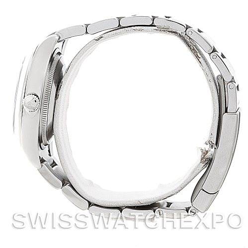 The image shows a side view of the Rolex Air-King 114200 Men's Stainless Steel White Dial 114200 Men's Stainless Steel White Dial, displaying the watch's crown, bezel, and bracelet.