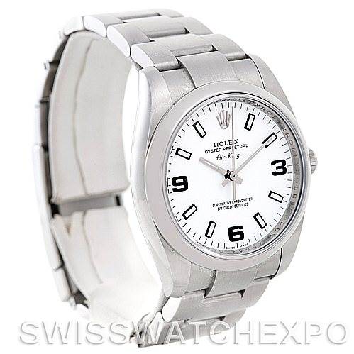 The Rolex Air-King 114200 Men's Stainless Steel White Dial 114200 Men's Stainless Steel White Dial watch is shown in a three-quarter angle, displaying the dial, bezel, case, and bracelet.