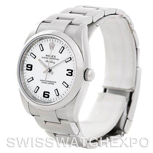 The image shows a Rolex Air-King 114200 Men's Stainless Steel White Dial 114200 Men's Stainless Steel White Dial watch at a slight angle, featuring the face, bezel, crown, and part of the bracelet.