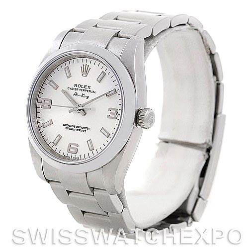This image shows a front three-quarter view of a Rolex Air-King 114200 Men's Stainless Steel Silver Dial 114200 Men's Stainless Steel Silver Dial watch, highlighting the face, crown, and bracelet.