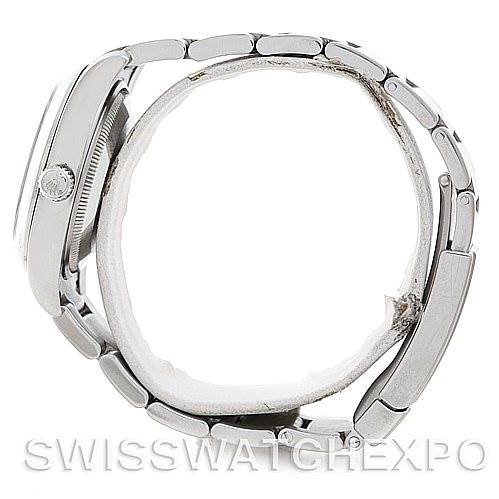 This image shows a side view of the Rolex Air-King 114200 Men's Stainless Steel Silver Dial 114200 Men's Stainless Steel Silver Dial watch, highlighting its case, bracelet, and crown.